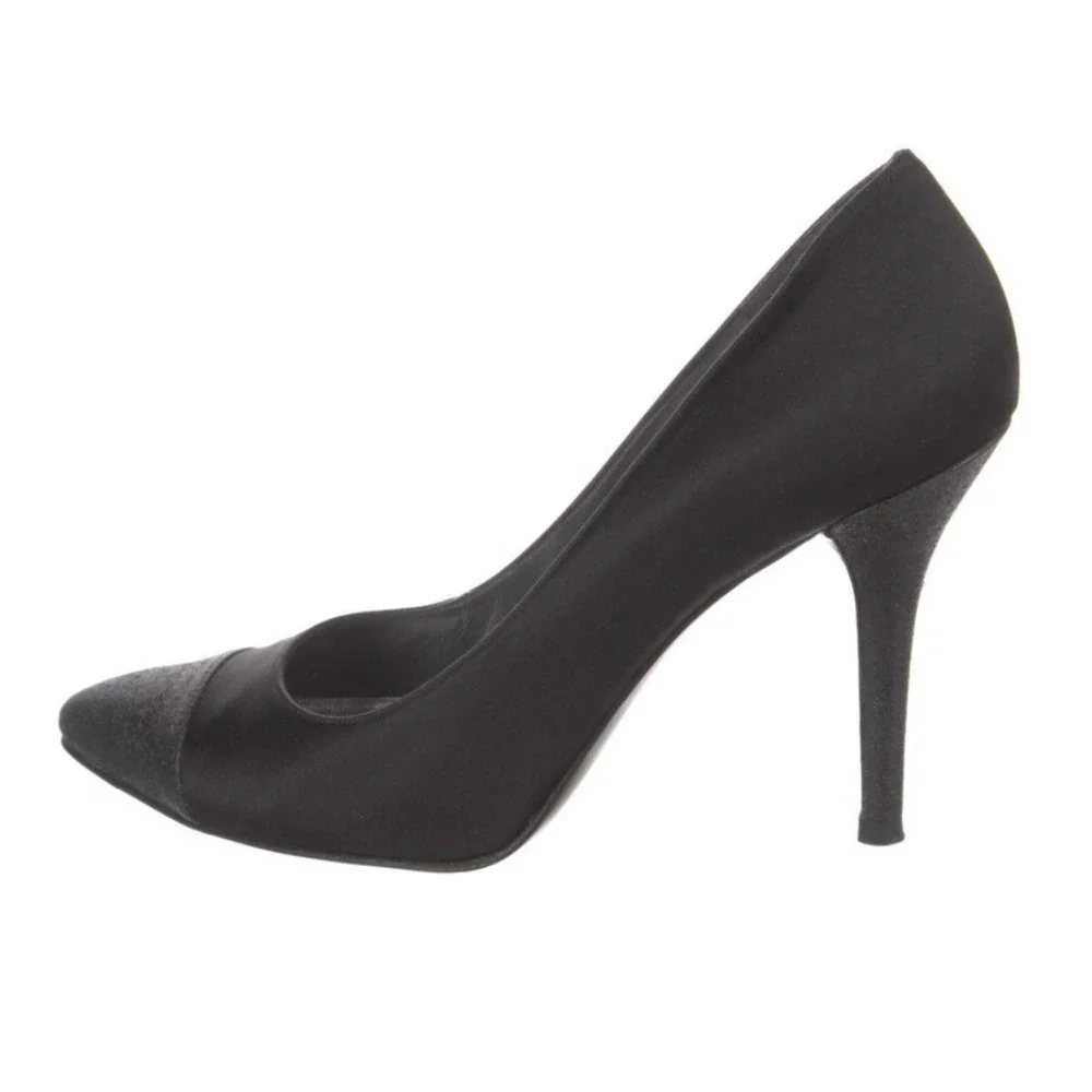 Stuart Weitzman Satin Black Glitter Heel & Cap Toe Pump Sz-7.5N 395$ Party